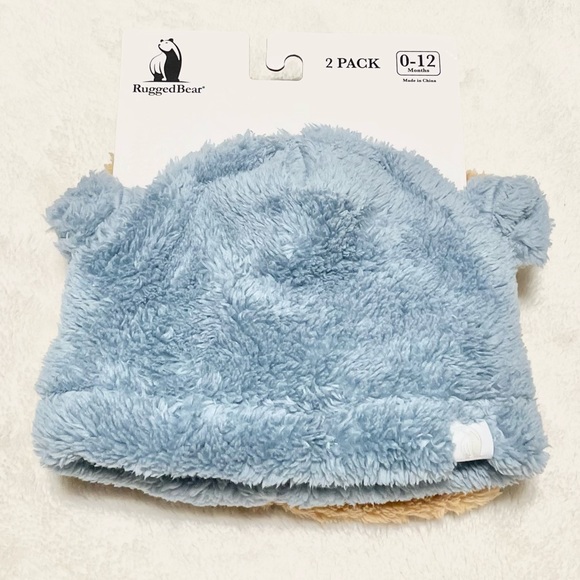 NWT Baby Rugged Bear 2-Pack Teddy Ear Plush Beanie Hats - Picture 2 of 6